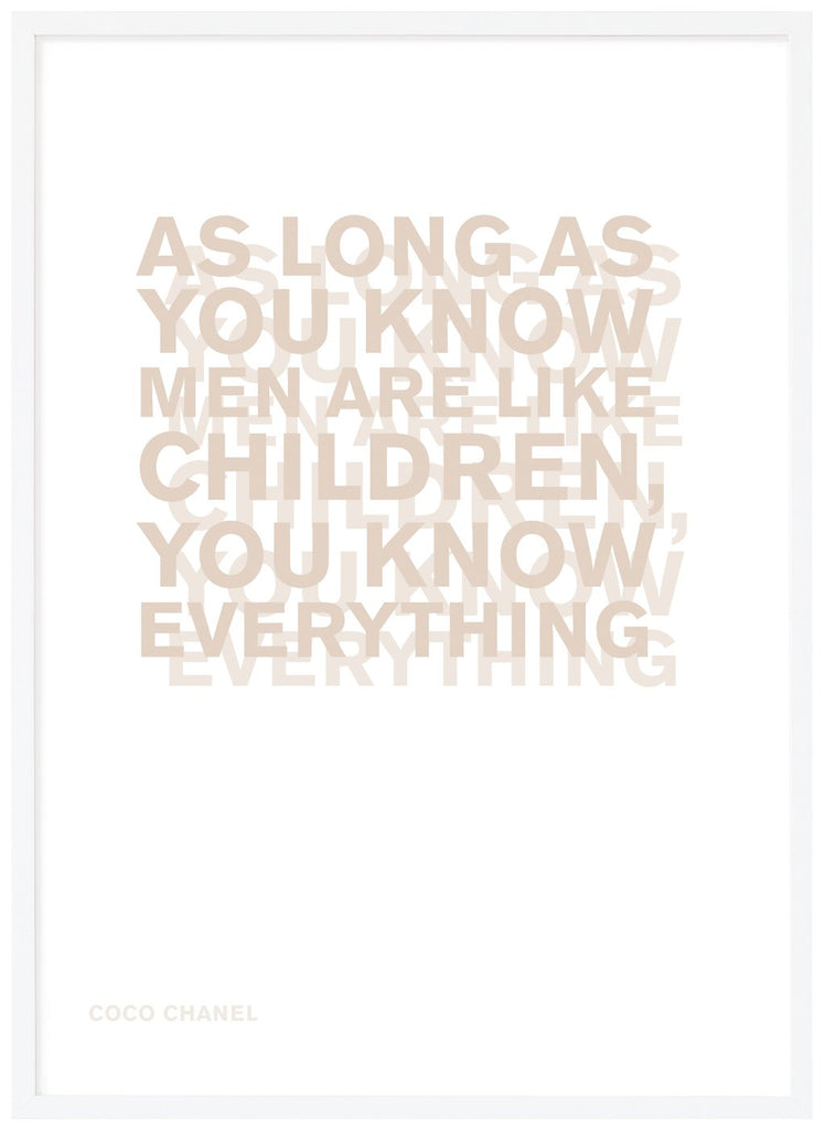 Graphic poster with a quote by Coco Chanel. White frame. 